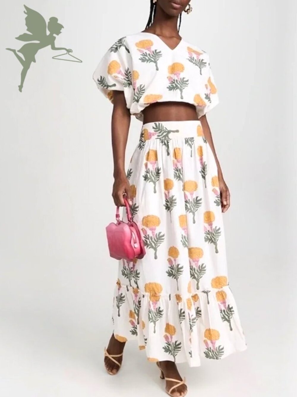 MAREA Dandelion Cotton Block Print Tiered Maxi Skirt